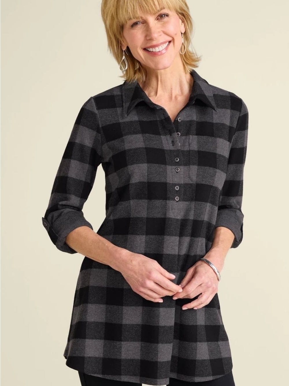 Soft Surroundings Mad About Black and Gray Plaid Tunic Top Size XL